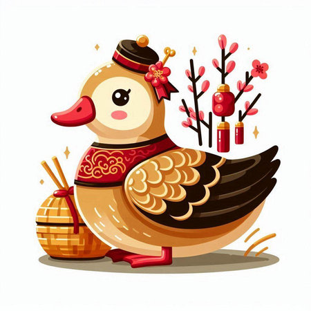 Cute cartoon duck in Chinese New Year costume. Vector illustration.のイラスト素材