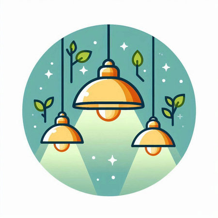 Illustration of hanging light bulbs with leaves on a white background.のイラスト素材