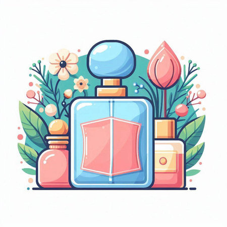 Perfume bottle with flowers and leaves. Vector illustration in flat styleのイラスト素材