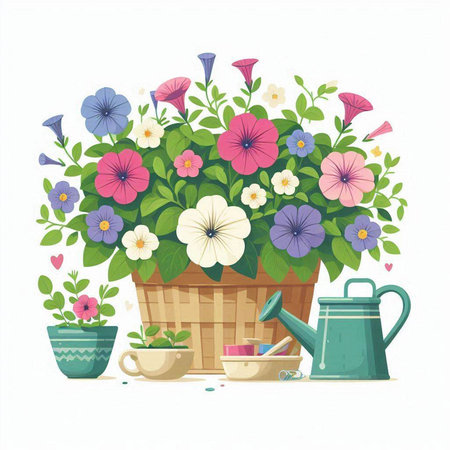 Flowers in a basket, watering can and watering can. Vector illustrationのイラスト素材