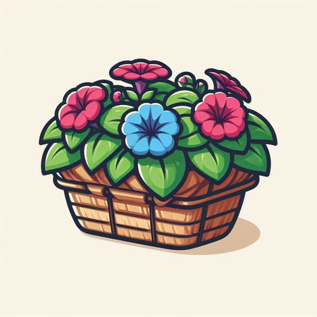 Illustration of a basket full of flowers on a light background.のイラスト素材