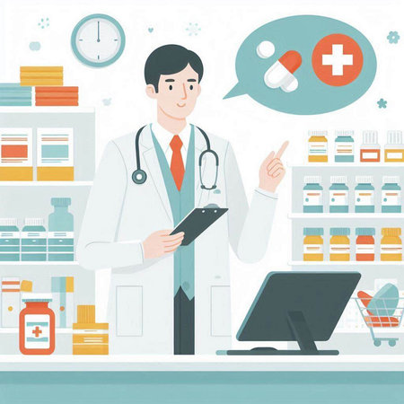 Male pharmacist at the counter in the drugstore. Vector illustration.のイラスト素材
