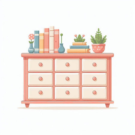Vector illustration of a wooden chest of drawers with books and succulentsのイラスト素材