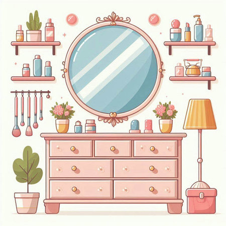 Vector illustration of dressing room with mirror and cosmetics in flat style.のイラスト素材