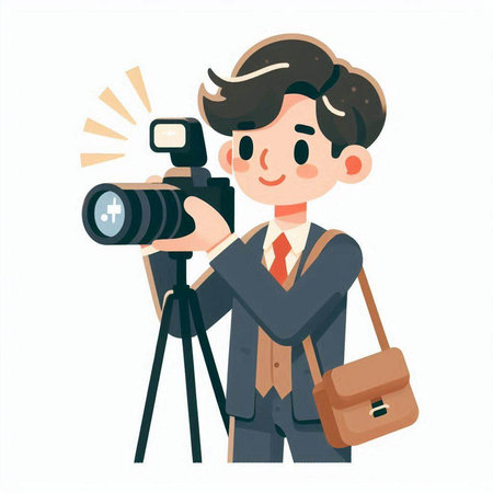Illustration of a man in a business suit with a camera.のイラスト素材