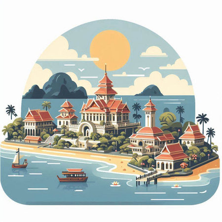 Tropical island with palms, boats and sunset. Vector illustration.のイラスト素材