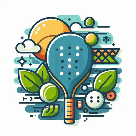 Colorful vector illustration of tennis racket and ball. Line art design for web, site, advertising, banner, poster, board and print.のイラスト素材
