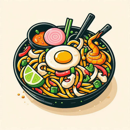 Illustration of Asian noodle with vegetables and fried egg in bowlのイラスト素材