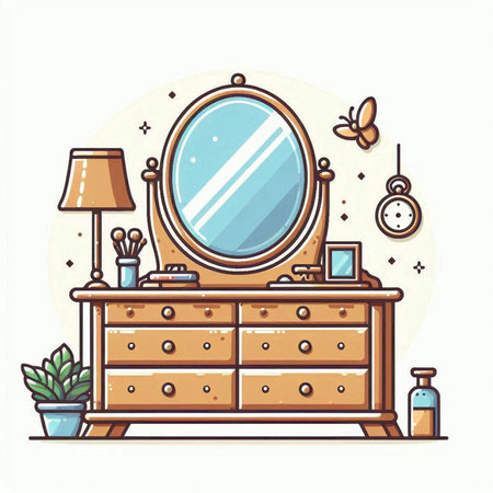 Furniture and accessories in line style. Vector illustration of a dressing table.のイラスト素材