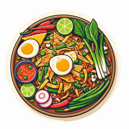 Noodle soup with egg and vegetables on a plate. Vector illustration.のイラスト素材