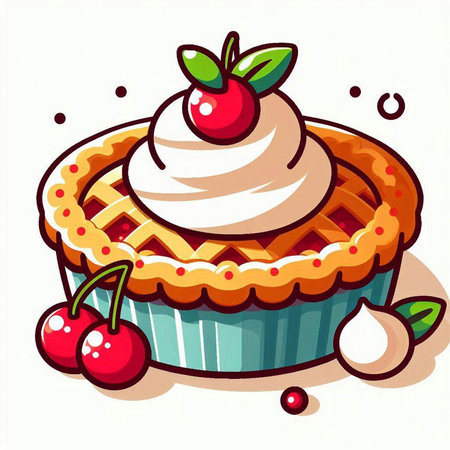 Illustration of a Cherry Pie with Whipped Cream and Berriesのイラスト素材