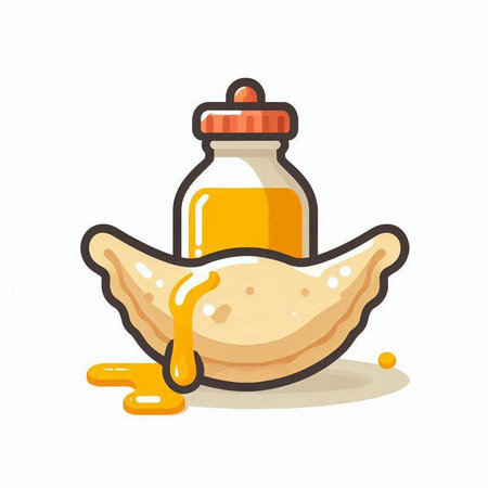 Pancakes with honey and a bottle of syrup. Vector illustration.のイラスト素材