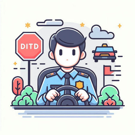Vector illustration of policeman driving a car on the road. Flat style design.のイラスト素材