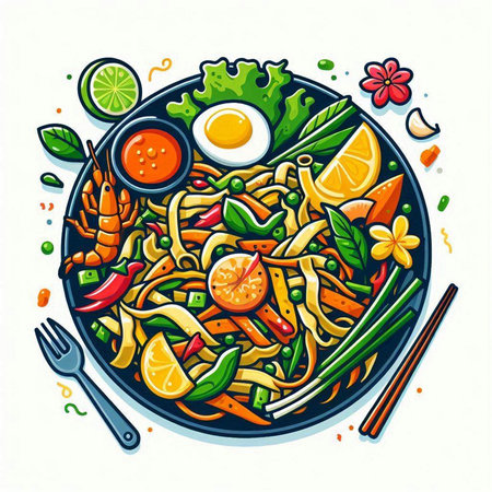 Noodles with shrimps and vegetables. Vector illustration.のイラスト素材