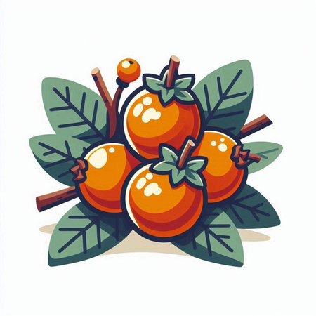 Ripe persimmon with leaves and cinnamon. Vector illustration.のイラスト素材