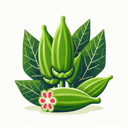 Illustration of fresh okra with leaves and flower on white backgroundのイラスト素材