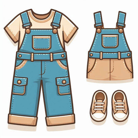 Vector illustration of a set of overalls, jeans and sneakers.のイラスト素材