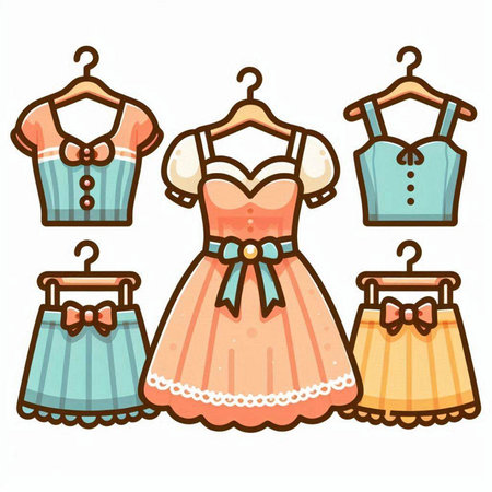 Set of cute clothes on hangers isolated on white background. Vector illustration.のイラスト素材