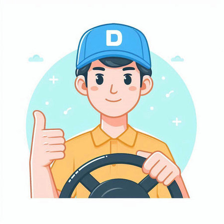Vector illustration of a man driving a car and showing thumbs up.のイラスト素材