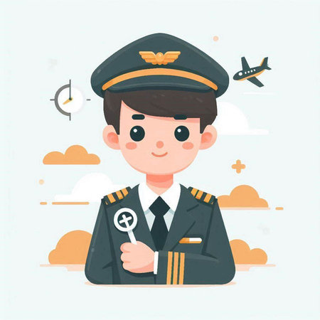 Pilot in uniform shows thumbs up. Vector illustration in flat styleのイラスト素材