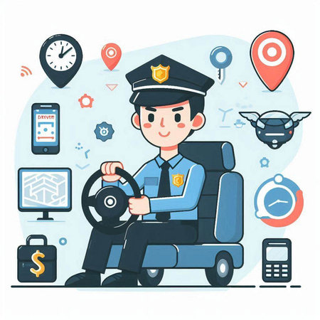 Policeman with a steering wheel in his hand. Vector illustration.のイラスト素材