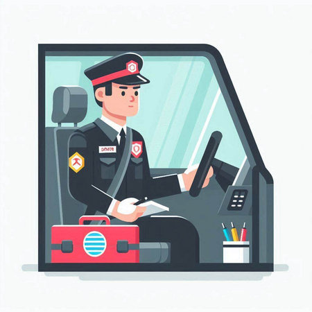 Security guard in car. Vector illustration in flat style. Safety concept.のイラスト素材