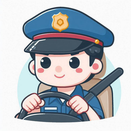 Illustration of a Little Boy Driving a Police Car and Steering Wheelのイラスト素材