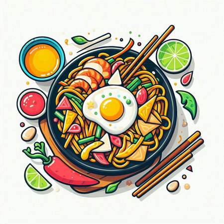 Noodles with chopsticks and fried egg. Asian cuisine. Vector illustrationのイラスト素材