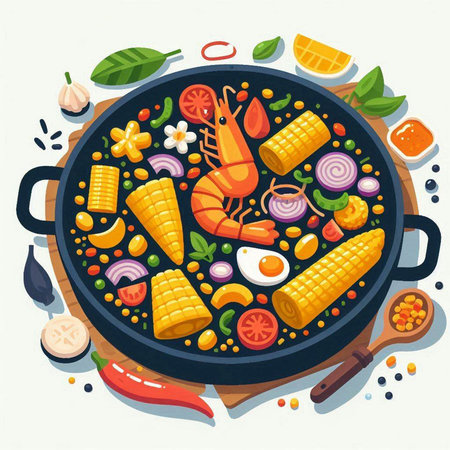 Seafood paella in a frying pan. Vector illustration.のイラスト素材