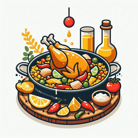 Fried chicken with vegetables and spices in a frying pan. Vector illustration.のイラスト素材