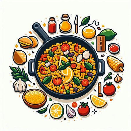 Colorful vector illustration of paella in a frying pan with ingredients.のイラスト素材