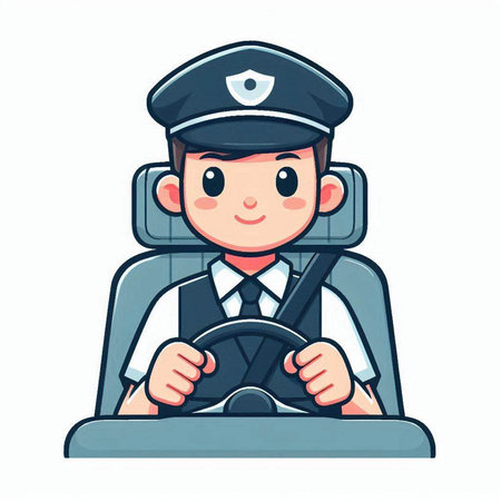 Policeman driving a car. Vector illustration isolated on white background.のイラスト素材