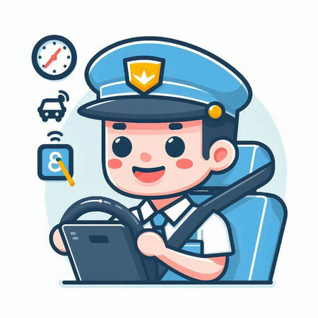 Policeman driving a car and using a laptop. Vector illustration.のイラスト素材