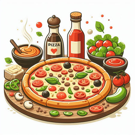 Illustration of pizza with ingredients on a white background. Vector illustration.のイラスト素材