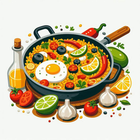 Spanish paella in a frying pan with ingredients. Vector illustration.のイラスト素材