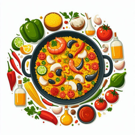 Seafood paella in wok pan with ingredients for cooking. Vector illustrationのイラスト素材