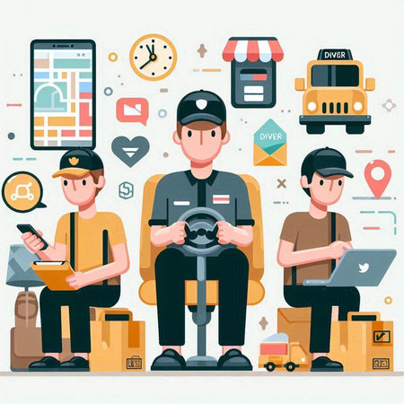Delivery service vector illustration. Cartoon flat delivery man sitting on the driver seat.のイラスト素材