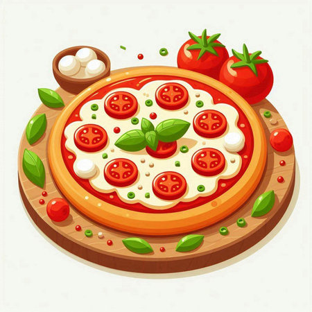 Pizza with mozzarella, tomato and basil. Vector illustrationのイラスト素材