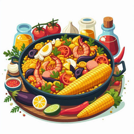 Cartoon vector illustration of Spanish paella with shrimp, corn, tomatoes, olives, onion, parsley, lemon and spices.のイラスト素材