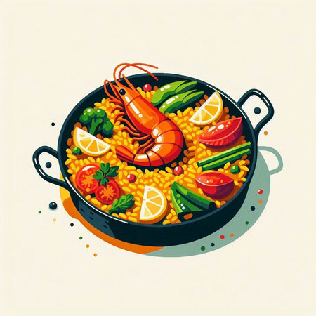 Illustration of a pan of paella with prawns and vegetablesのイラスト素材