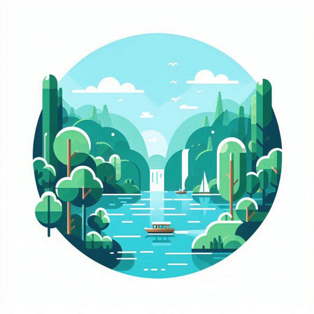 Landscape with lake, trees and boat. Vector illustration in flat styleのイラスト素材