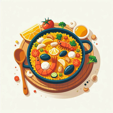 Seafood paella in a frying pan. Vector illustration.のイラスト素材