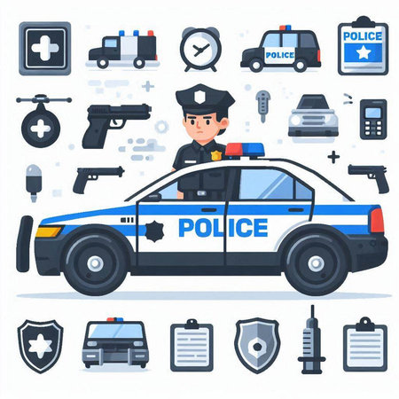 Police car, police car, police car, police car, police car, police car, police car, police car, police car, police car, police badge, police car, police car, police car, police car. Vector illustrationのイラスト素材
