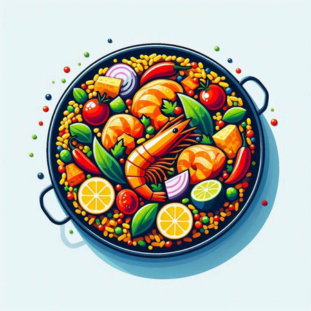 Salad with shrimps, vegetables and spices. Vector illustration.のイラスト素材
