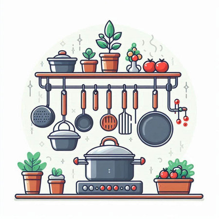 Kitchen utensils on the shelf. Vector illustration in flat styleのイラスト素材