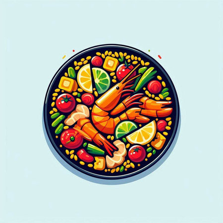 Illustration of a plate of seafood and vegetables on a blue backgroundのイラスト素材