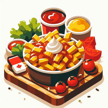 Illustration of a bowl of french fries with ketchup and mayonnaiseのイラスト素材
