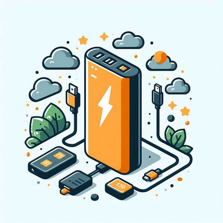 Smartphone charging battery. Isometric vector illustration on blue background.のイラスト素材