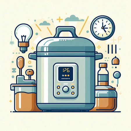 Vector illustration of modern electric multi cooker in flat line style with icons.のイラスト素材