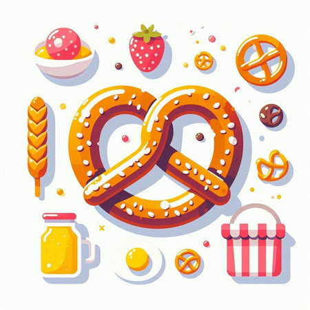 Pretzel, donuts, ice cream and other sweets. Vector illustration.のイラスト素材